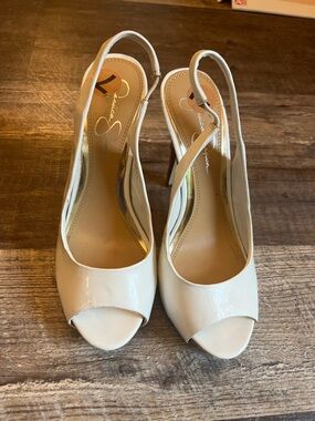 Jessica Simpson Cream Patent Peep-Toe Slingback Heels